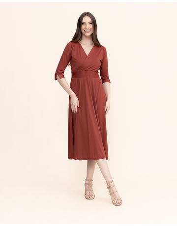Vestido midi manga 3/4 - Tijolinho