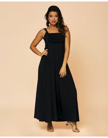 Vestido longo com decote quadrado drapeado - Preto