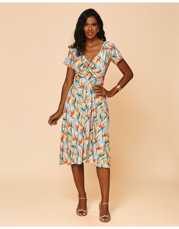 Vestido Midi Franzido no Busto - Brilho Floral