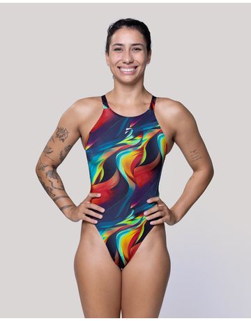 Cavado High Waist Cut Wide Straps Swimsuit - Flame