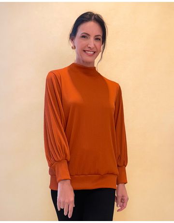 Blusa Manga Longa com punho e gola alta canelada - Tijolinho
