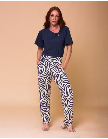 Blusa Manga Sino Decote Drapeado - Marinho