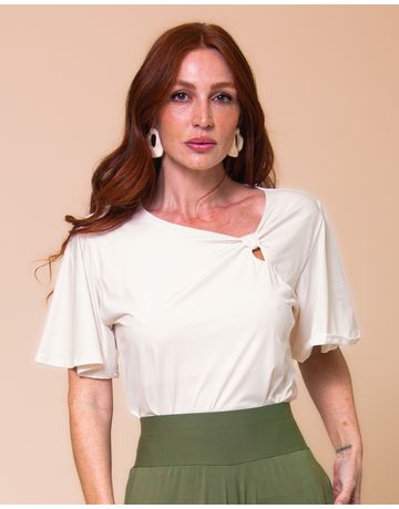 Blusa Manga Sino Decote Drapeado -Ecrú