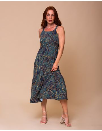 Vestido Midi Alça Cruzada - Folhas de Ouro