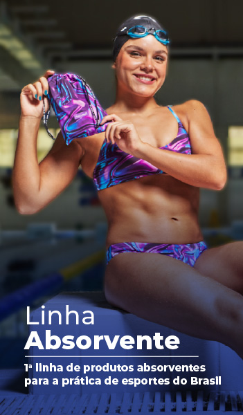1ª e única linha de produtos absorvente para prática de esportes do Brasil. Tecido ultraresistente ao cloro, disponível em modelos das Linhas Profissional e Comfort. Seguro porque não vaza. Lavável e reutilizável. Acompanha bolsinha para transporte.